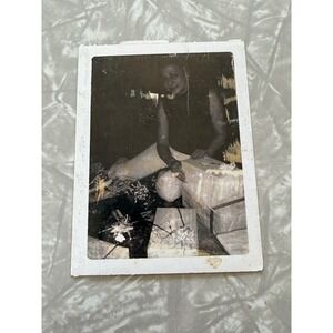 Vintage Polaroid Photo Woman Opening Christmas Gifts Mid Century Found Snapshot